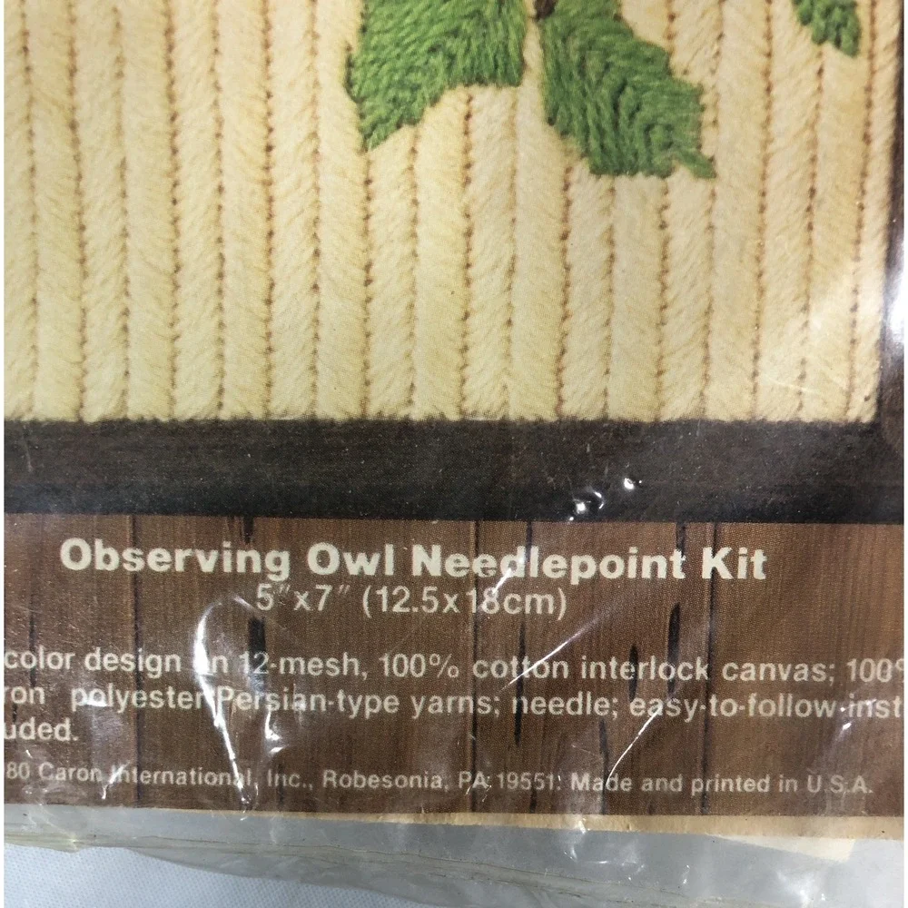 Vintage Caron Perkies Needlepoint Kit Observing Owl Kit #4696 1980 NIP